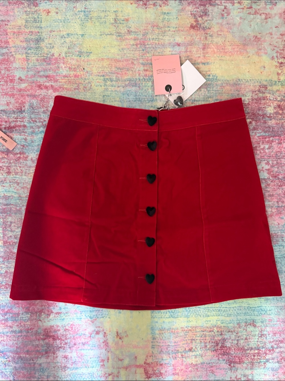 Lazy Oaf Red Mini Skirt with Black Heart Buttons
